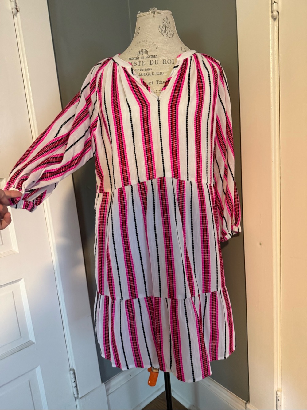 Evereve Pink and White Striped Tiered Dress